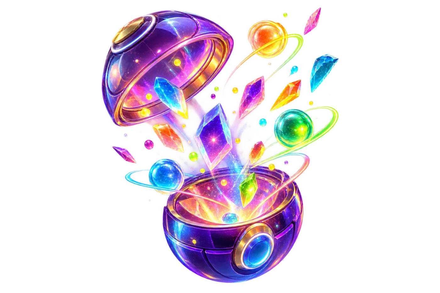 An open glass reward capsule releasing bright orbital sparks