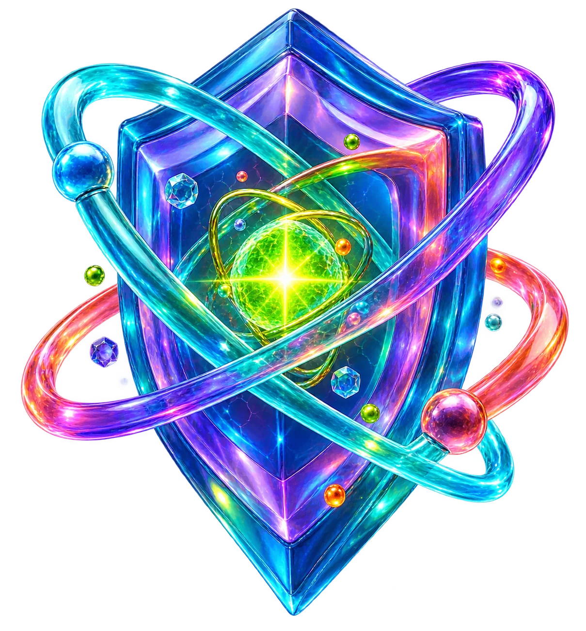 A translucent orbital shield around a glowing core